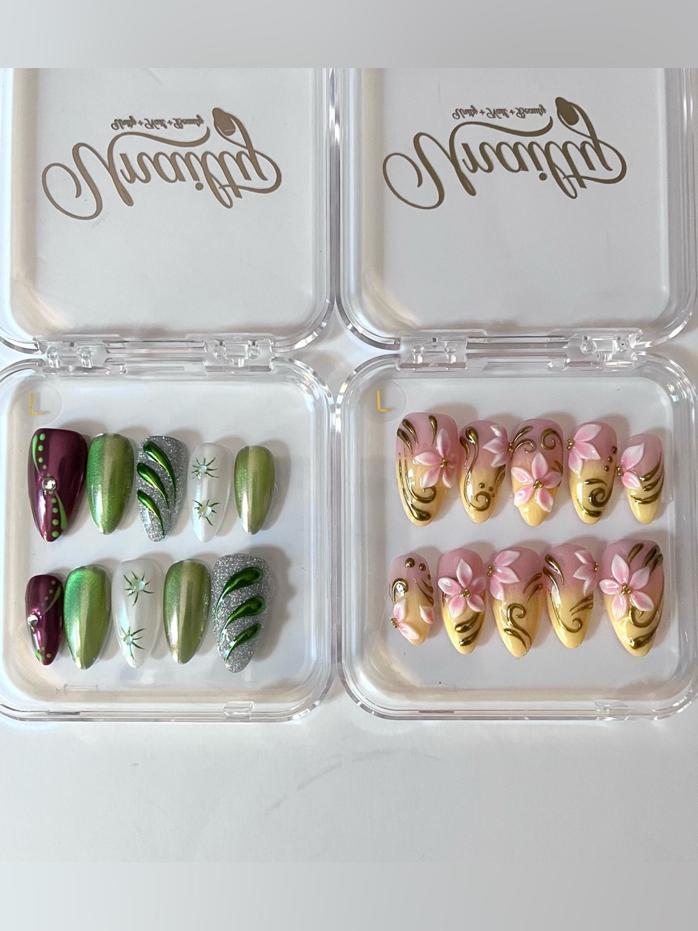 Unailty Premium 3D Press On Nails Lot Large Medium-Long Floral Chrome